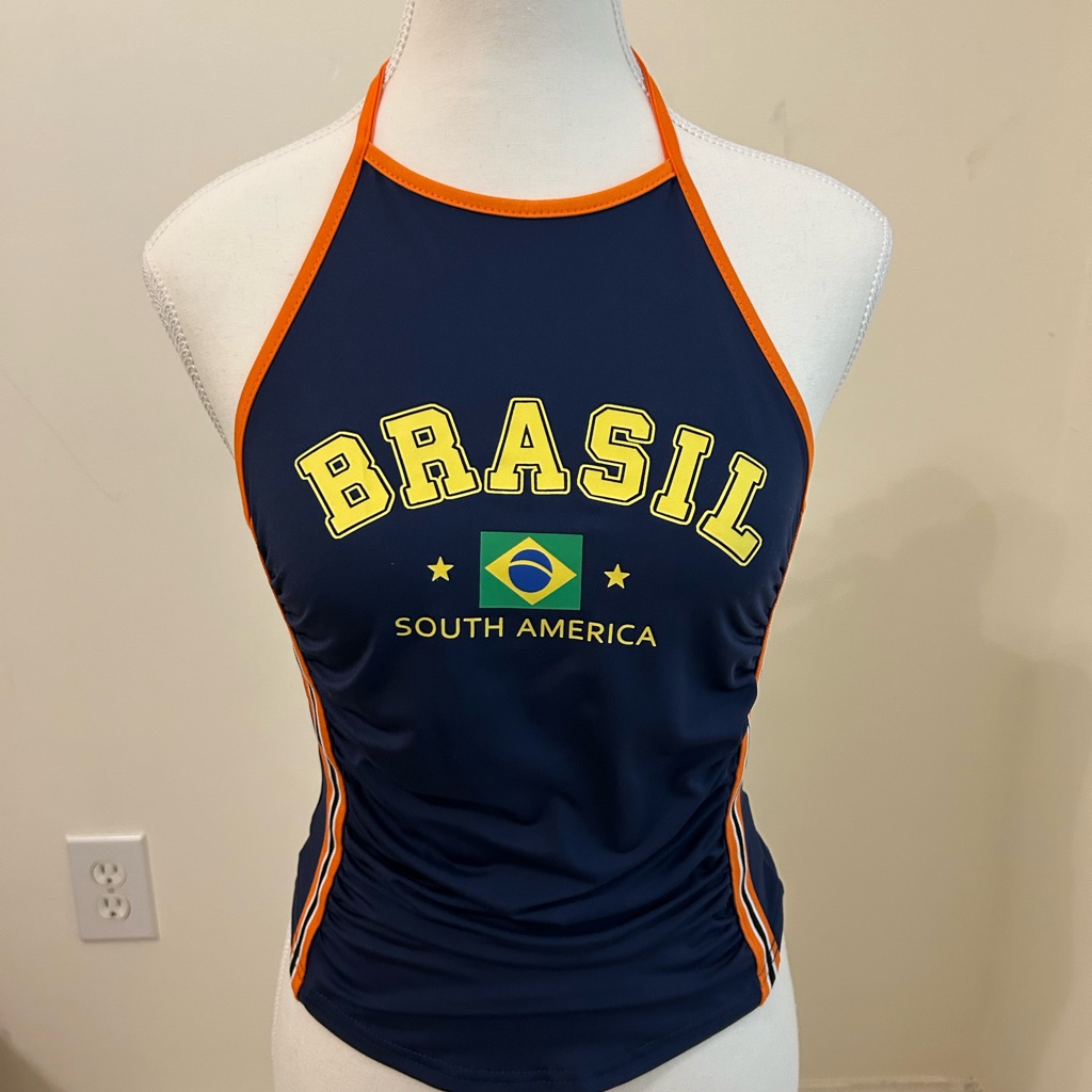 Brasil Women's Swim Top - Navy And Orange
